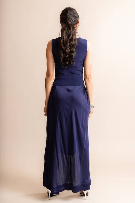 Shop_Nupur Kanoi_Blue Crepe, Satin Mirrors, Sequins, Studs Hand Embroidered Waistcoat And Skirt Set _at_Aza_Fashions