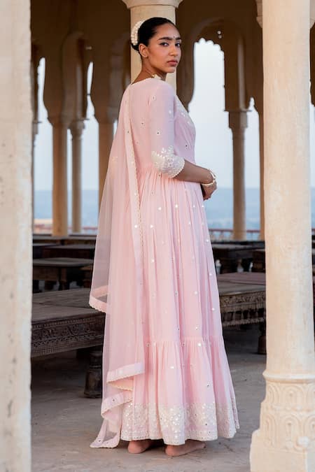 Shop Preevin Pink Cotton, Tulle, Net Mirrors, Diamond Angrakha Anarkali With Dupatta at Aza Fashions Shop_Preevin_Pink Cotton, Tulle, Net Mirrors, Diamond Angrakha Anarkali With Dupatta _at_Aza_Fashions