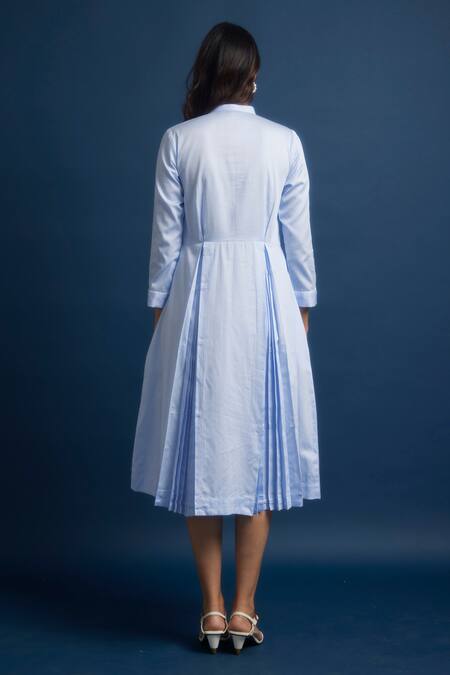 Shop Escape By Aishwarya Blue Cotton Satin Collared Box-pleated Dress at Aza Fashions Shop_Escape By Aishwarya_Blue Cotton Satin Collared Box-pleated Dress _at_Aza_Fashions