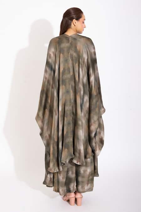 Shop_Studio Surbhi_Green Georgette, Satin Open Neck Digital Print Kaftan Shrug _at_Aza_Fashions