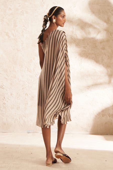 Shop Aditi Somani Brown Crepe Tassels Asymmetric One Shoulder Tunic at Aza Fashions Shop_Aditi Somani_Brown Crepe Tassels Asymmetric One Shoulder Tunic _at_Aza_Fashions