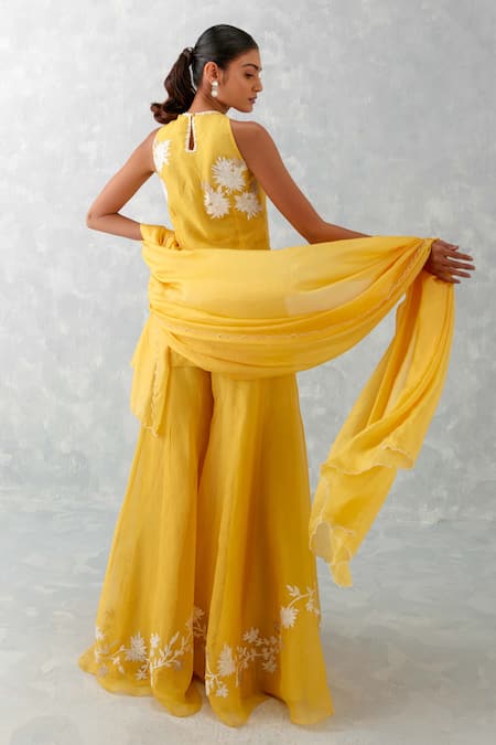 Shop Devnaagri Yellow Organza, Embroidery, Pearls Round Floral Kurta Sharara Set at Aza Fashions Shop_Devnaagri_Yellow Organza, Embroidery, Pearls Round Floral Kurta Sharara Set _at_Aza_Fashions