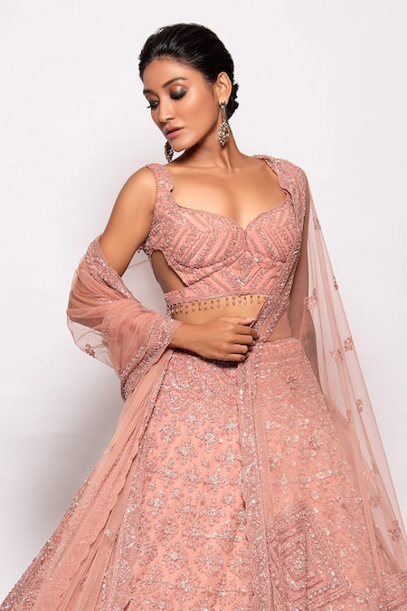 Shop Pallavi Poddar Pink Tulle Sequins, Beads Alpha Glass Embroidered Bridal Lehenga Set at Aza Fashions Shop_Pallavi Poddar_Pink Tulle Sequins, Beads Alpha Glass Embroidered Bridal Lehenga Set _at_Aza_Fashions