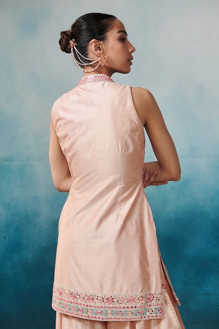 Shop_SUHINO_Peach Silk, Organza Gota Patti, Mirrors, Embroidery Bandeau Kurta Gharara Set _at_Aza_Fashions