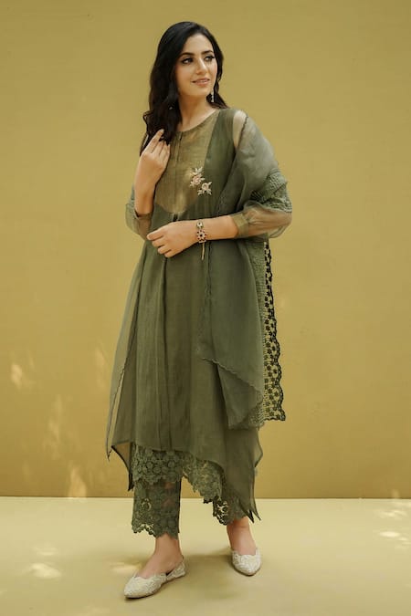 Buy Green Cotton Lace Kurta with Pants - Set of 2