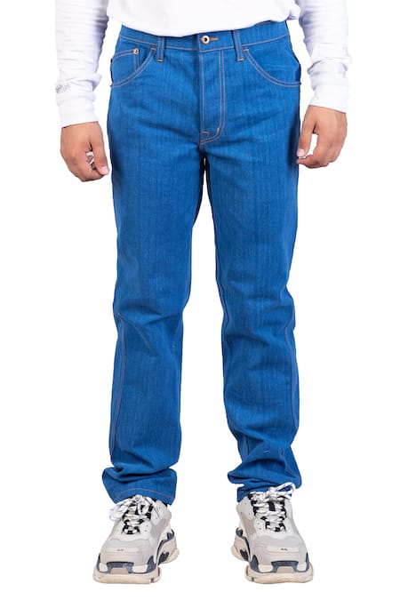 Shop_Theorem_Blue Cotton Denim Meander Seam Trouser  _at_Aza_Fashions