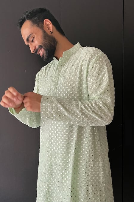 Shop_Hilo Design_Green Georgette, Silk Mirrors Embroidered Kurta And Patiala Set _at_Aza_Fashions