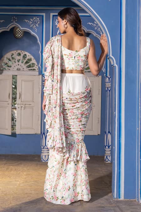 Shop Suruchi Parakh White Georgette, Crepe Scoop Neck Printed Pre-draped Saree With Blouse at Aza Fashions Shop_Suruchi Parakh_White Georgette, Crepe Scoop Neck Printed Pre-draped Saree With Blouse _at_Aza_Fashions