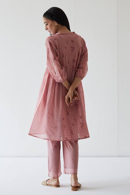 Shop Banera Pink Cotton Embroidery V-neck Clara Floral Block Print Tunic And Pant Set at Aza Fashions Shop_Banera_Pink Cotton Embroidery V-neck Clara Floral Block Print Tunic And Pant Set_at_Aza_Fashions