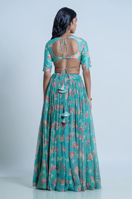 Shop Nautanky Green Blouse- Viscose Silk, Lehenga And Dupatta- Organza Printed Neck Set at Aza Fashions Shop_Nautanky_Green Blouse- Viscose Silk, Lehenga And Dupatta- Organza Printed Neck Set _at_Aza_Fashions