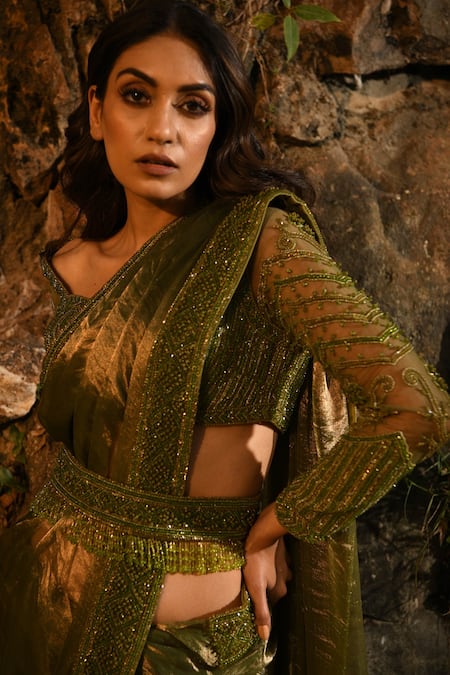 House of Exotique Crystal Embroidered Green Pre Draped Saree Set 