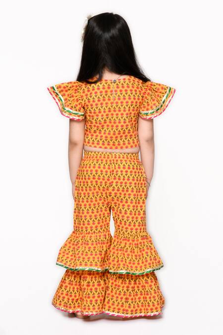 Shop_Saka Designs_Yellow Pure Cotton Floral Pattern Top And Sharara Set_at_Aza_Fashions