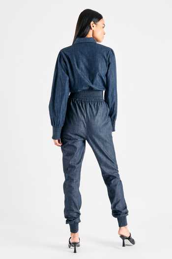 Shop Mellowdrama Blue Tencel, Denim Collared Embellished Jacket And Pant Set at Aza Fashions Shop_Mellowdrama_Blue Tencel, Denim Collared Embellished Jacket And Pant Set_at_Aza_Fashions