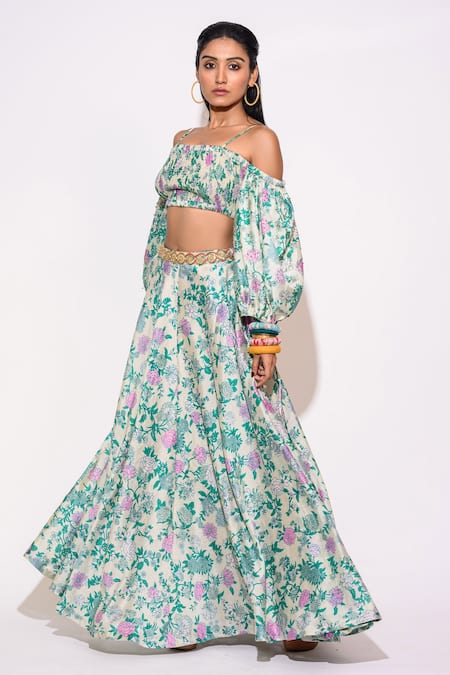 Shop Aangan By Parul Green Silk Embroidery Square Neck Floral Print Skirt And Blouse Set at Aza Fashions Shop_Aangan By Parul_Green Silk Embroidery Square Neck Floral Print Skirt And Blouse Set _at_Aza_Fashions