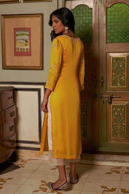 Shop Zoon Yellow Satin, Silk Organza, Cotton Embroidery, Bright Crystal Kurta Pant Set at Aza Fashions Shop_Zoon_Yellow Satin, Silk Organza, Cotton Embroidery, Bright Crystal Kurta Pant Set _at_Aza_Fashions