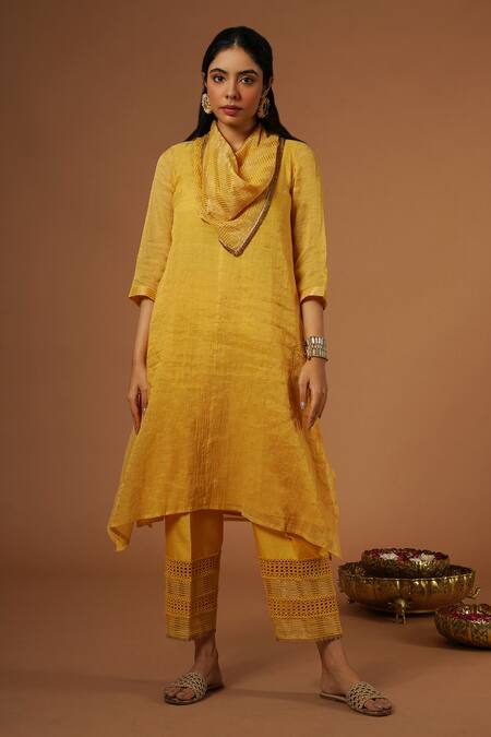 Shop OMI Yellow Tissue, Chanderi Sequins Cowl Neck A-line Asymmetric Tunic And Pant Set at Aza Fashions Shop_OMI_Yellow Tissue, Chanderi Sequins Cowl Neck A-line Asymmetric Tunic And Pant Set _at_Aza_Fashions