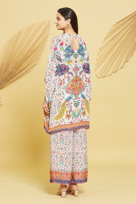 Shop Rajat K Tangri Ivory Crew Neck Botanical Pattern Kaftan And Pant Set at Aza Fashions Shop_Rajat K Tangri_Ivory Crew Neck Botanical Pattern Kaftan And Pant Set _at_Aza_Fashions