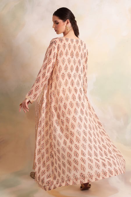 Shop_Palak & Mehak_Peach Georgette Floral Pattern Square Block Print Jacket And Crop Top Pant Set _at_Aza_Fashions