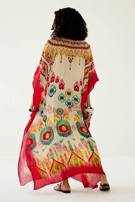 Shop Payal Jain White Crepe Abstract Pattern V Neck Kaftan at Aza Fashions Shop_Payal Jain_White Crepe Abstract Pattern V Neck Kaftan_at_Aza_Fashions