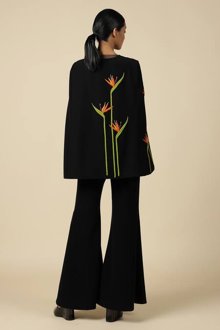 Shop_Shahin Mannan_Black Japanese Crepe Embroidered Bird Of Paradise Round Cape _at_Aza_Fashions