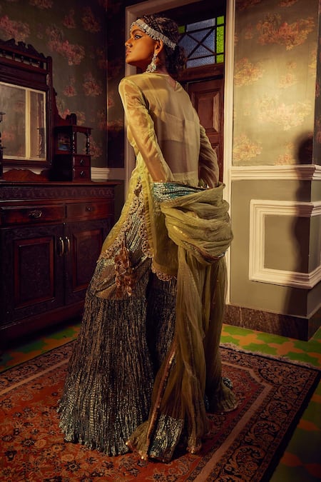 Shop Etasha By Asha Jain Green Organza, Tissue, Crepe Embroidery, Sequins Boat Sheer Kurta Sharara Set at Aza Fashions Shop_Etasha By Asha Jain_Green Organza, Tissue, Crepe Embroidery, Sequins Boat Sheer Kurta Sharara Set _at_Aza_Fashions