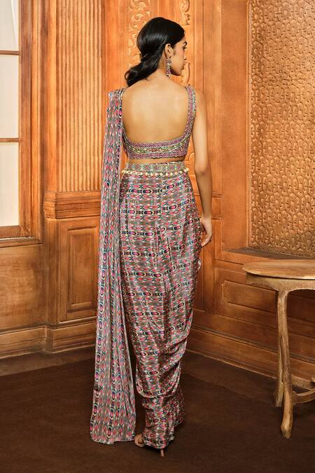 Shop Aneesh Agarwaal Green Organza, Crepe Embroidery Printed Pre-draped Saree With Blouse at Aza Fashions Shop_Aneesh Agarwaal_Green Organza, Crepe Embroidery Printed Pre-draped Saree With Blouse _at_Aza_Fashions