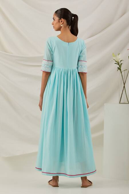 Shop The Indian Cause Blue Cotton Embroidery V-neck Placed Chikankari Anarkali at Aza Fashions Shop_The Indian Cause_Blue Cotton Embroidery V-neck Placed Chikankari Anarkali_at_Aza_Fashions