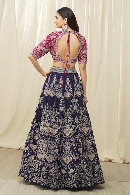 Shop Jayanti Reddy Purple Silk Embroidery Asymmetric Floral Aari Bridal Lehenga Set at Aza Fashions Shop_Jayanti Reddy_Purple Silk Embroidery Asymmetric Floral Aari Bridal Lehenga Set _at_Aza_Fashions