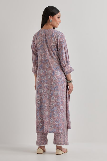 Shop_Priya Chaudhary_Gray Cotton Embroidery Round Neck Floral Printed Kurta Set With Dupatta _at_Aza_Fashions