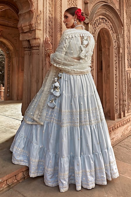 Shop_Preevin_Sky Blue Cotton, Tulle, Net Mirrors, Mirrorwork Embellished Tiered Lehenga Set _at_Aza_Fashions