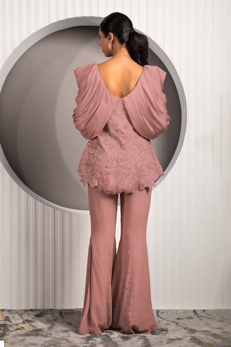 Shop Jade By Ashima Brown Crepe Embroidery Chrysanthemum Floral Jacket And Bell Bottoms Pant Set at Aza Fashions Shop_Jade By Ashima_Brown Crepe Embroidery Chrysanthemum Floral Jacket And Bell Bottoms Pant Set _at_Aza_Fashions