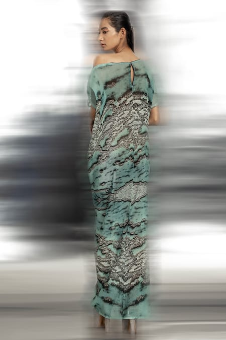 Shop Abhishek Sharma Green Polyester Round Neck Reef Print Drop Shoulder Draped Gown at Aza Fashions Shop_Abhishek Sharma_Green Polyester Round Neck Reef Print Drop Shoulder Draped Gown _at_Aza_Fashions