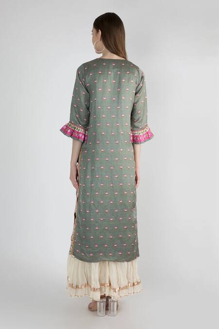 Shop Gopi Vaid Green Cotton, Silk Tassels, Gota Patti Round Neck Vrindavan Lotus Print Tunic at Aza Fashions Shop_Gopi Vaid_Green Cotton, Silk Tassels, Gota Patti Round Neck Vrindavan Lotus Print Tunic_at_Aza_Fashions