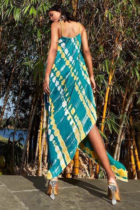Babita Malkani_Green Georgette Tassels, Ribbons Scoop Neck Asymmetric Embellished Dress _Online_at_Aza_Fashions