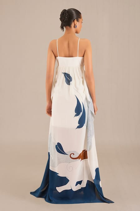 Shop Ampm Ivory Crepe Square Neck Fluid Leaf And Elephant Print Dress at Aza Fashions Shop_Ampm_Ivory Crepe Square Neck Fluid Leaf And Elephant Print Dress_at_Aza_Fashions