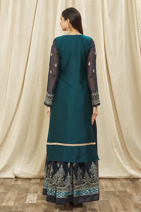 Shop Samyukta Singhania Blue Satin, Georgette, Net Crystals, Zari, Embroidery Kurta Set With Dupatta at Aza Fashions Shop_Samyukta Singhania_Blue Satin, Georgette, Net Crystals, Zari, Embroidery Kurta Set With Dupatta_at_Aza_Fashions