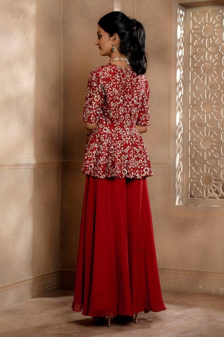 Shop Omana By Ranjana Bothra Red Silk, Viscose, Satin, Organza Zareen Flower Peplum Top And Sharara Set at Aza Fashions Shop_Omana By Ranjana Bothra_Red Silk, Viscose, Satin, Organza Zareen Flower Peplum Top And Sharara Set _at_Aza_Fashions