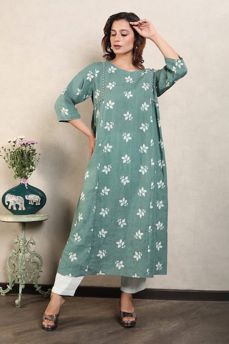 Shop_Falguni.Foram_Blue Gauze Linen Printed And Hand Side Gathered Kurta & Pant Set  _at_Aza_Fashions