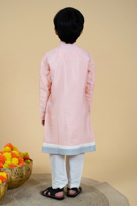 Shop Little Boys Closet Peach Cotton Embroidery Pintucked Color Block Kurta Set at Aza Fashions Shop_Little Boys Closet_Peach Cotton Embroidery Pintucked Color Block Kurta Set _at_Aza_Fashions