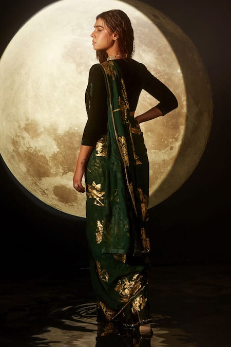 Shop_Dohr India_Green Organza, Silk Embroidery Foil Print Pre-draped Saree _at_Aza_Fashions