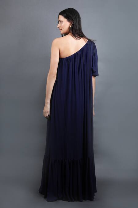 Shop_Swatee Singh_Blue Georgette One Shoulder Pleated Hem Gown _at_Aza_Fashions