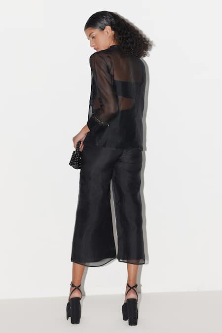 Shop Febo6 Black Silk Organza Embroidery Collared Bloom Top And Pant Set at Aza Fashions Shop_Febo6_Black Silk Organza Embroidery Collared Bloom Top And Pant Set _at_Aza_Fashions