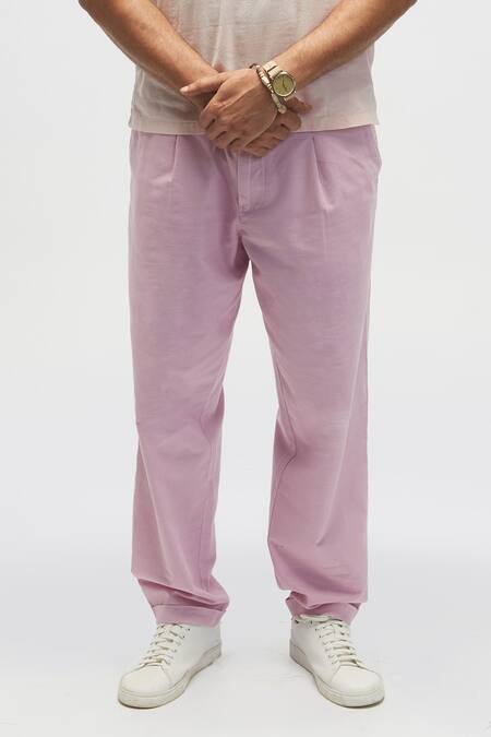 Shop Terra Luna Pink 100% Organic Handloom Oxford Cotton Solid Pleated Pant at Aza Fashions Shop_Terra Luna_Pink 100% Organic Handloom Oxford Cotton Solid Pleated Pant _at_Aza_Fashions