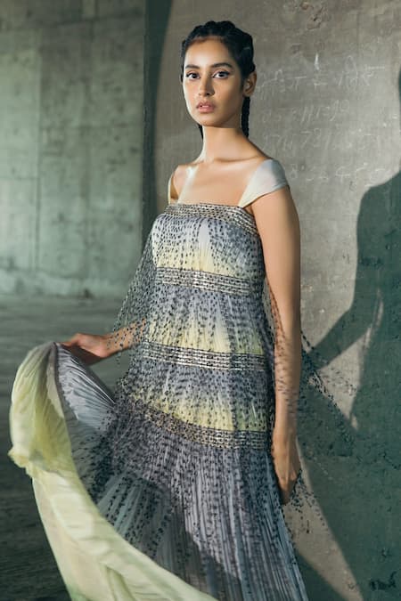 Shop_Akhl_Yellow 100% Viscose Chiffon Embroidered Square Neck Gown _at_Aza_Fashions