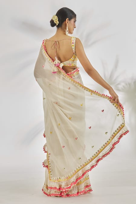 Shop Gopi Vaid Ivory Cotton, Tussar Sequins, Sannah Ruffle Saree With Thread Embroidered Blouse at Aza Fashions Shop_Gopi Vaid_Ivory Cotton, Tussar Sequins, Sannah Ruffle Saree With Thread Embroidered Blouse_at_Aza_Fashions