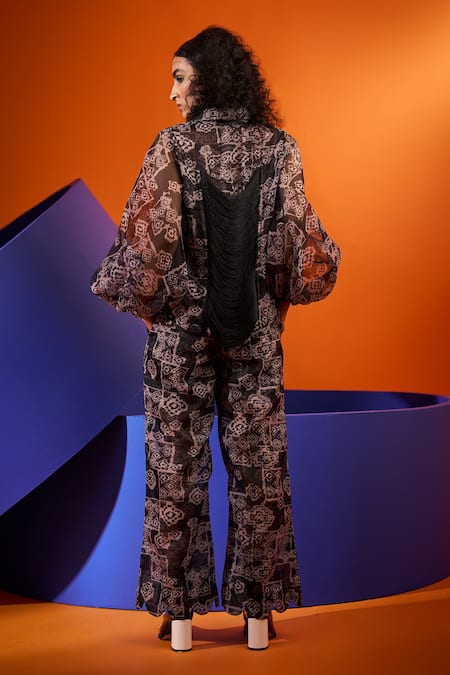 Shop The Dramebaaz CO Black Organza, Twill Embroidery Collared, V-neck Printed Jacket And Pant Set at Aza Fashions Shop_The Dramebaaz CO_Black Organza, Twill Embroidery Collared, V-neck Printed Jacket And Pant Set _at_Aza_Fashions