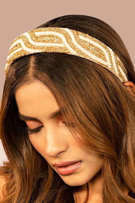 Shop Hair Drama CO Gold Cutdana And Beads Flat Headband at Aza Fashions Shop_Hair Drama CO_Gold Cutdana And Beads Flat Headband _at_Aza_Fashions