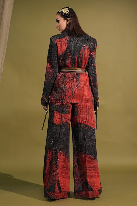 Shop_Nikita Mhaisalkar_Red Georgette Beads, Sequins Stroke Print Blazer And Pant Set _at_Aza_Fashions