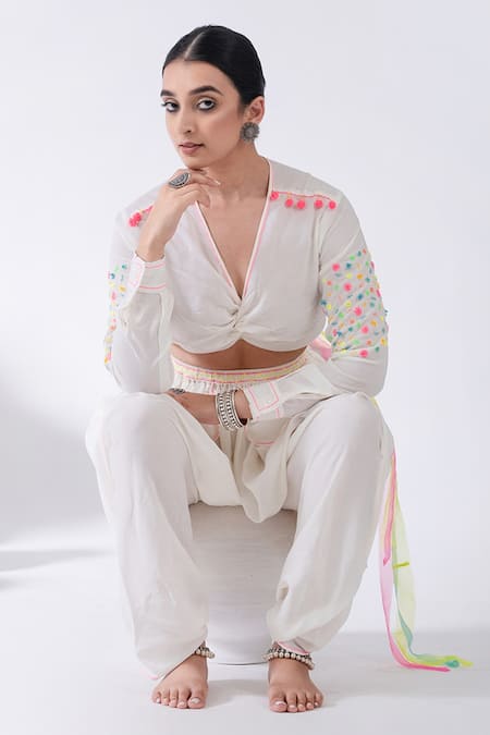 Kacha Tanka Contrast Thread Embroidered Crop Top & Drop Crotch Pant Set 