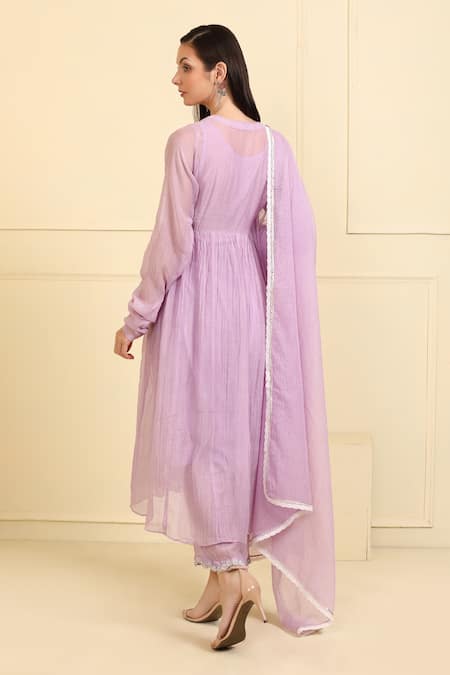 Neha Khullar_Purple Silk, Cotton, Embroidery Neckline Kurta Pant Set _Online_at_Aza_Fashions